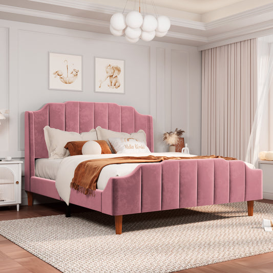 PINK HAVEN Queen Size Velvet Platform Bed with Modern Curved Upholstered Headboard and Footboard, Pink