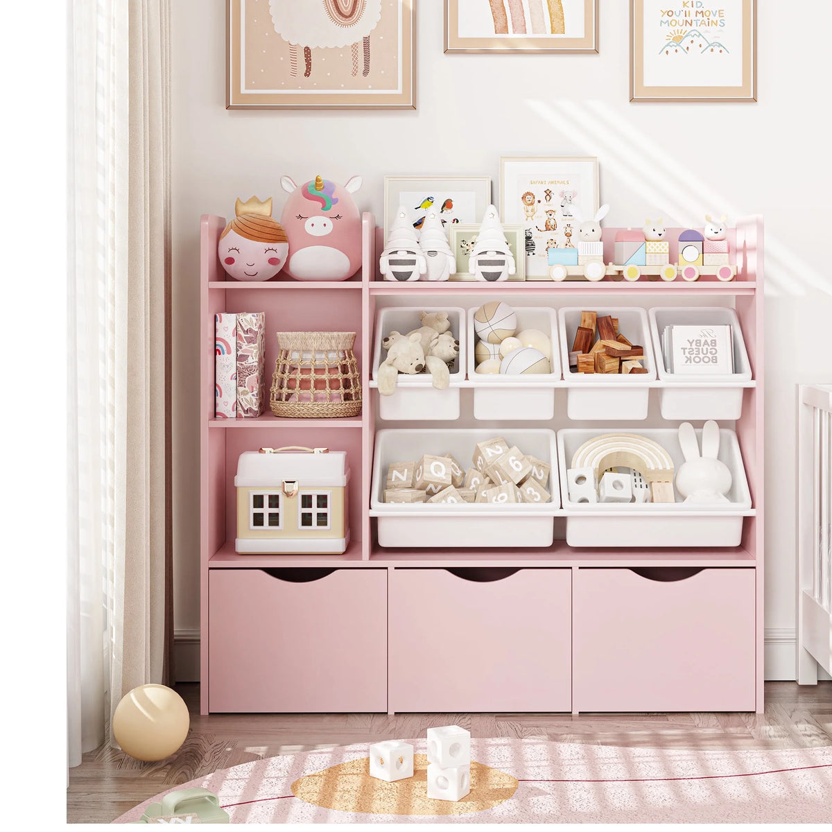 PINK HAVEN Kids Bookcase with 6 Storage Bins, Multi-Purpose Toy Organi