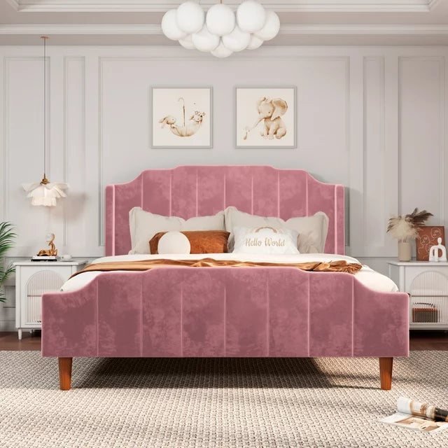 PINK HAVEN Queen Size Velvet Platform Bed with Modern Curved Upholstered Headboard and Footboard, Pink