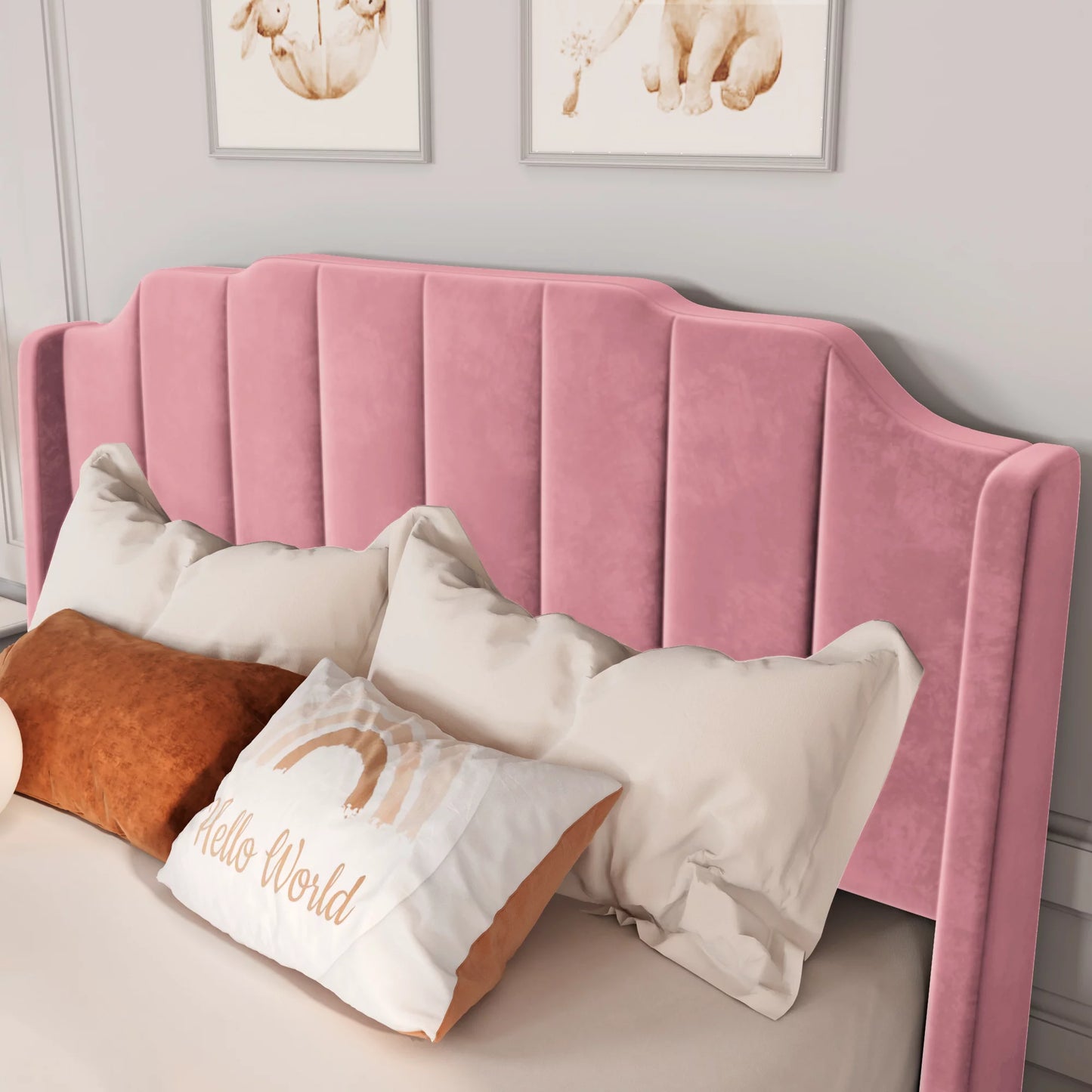 PINK HAVEN Queen Size Velvet Platform Bed with Modern Curved Upholstered Headboard and Footboard, Pink