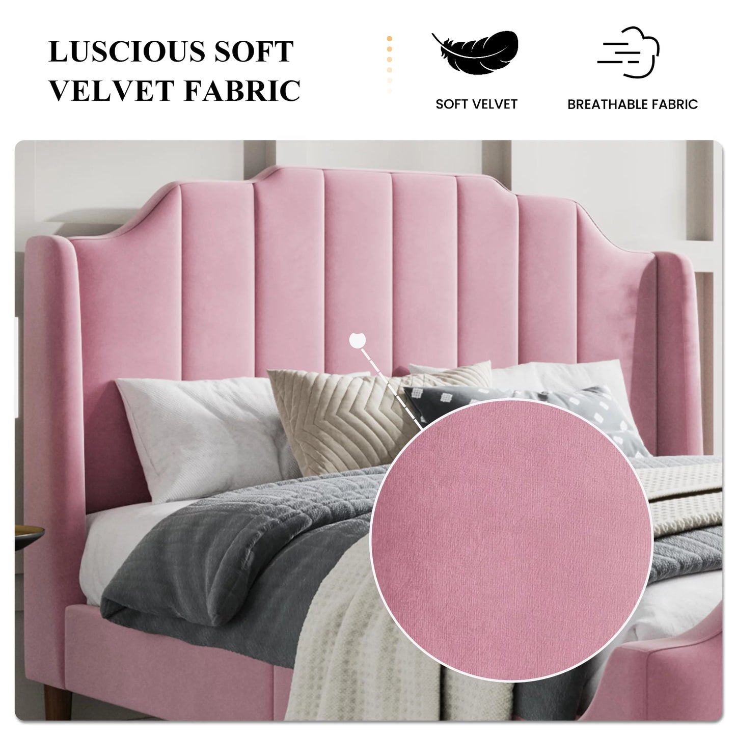 PINK HAVEN Queen Size Velvet Platform Bed with Modern Curved Upholstered Headboard and Footboard, Pink