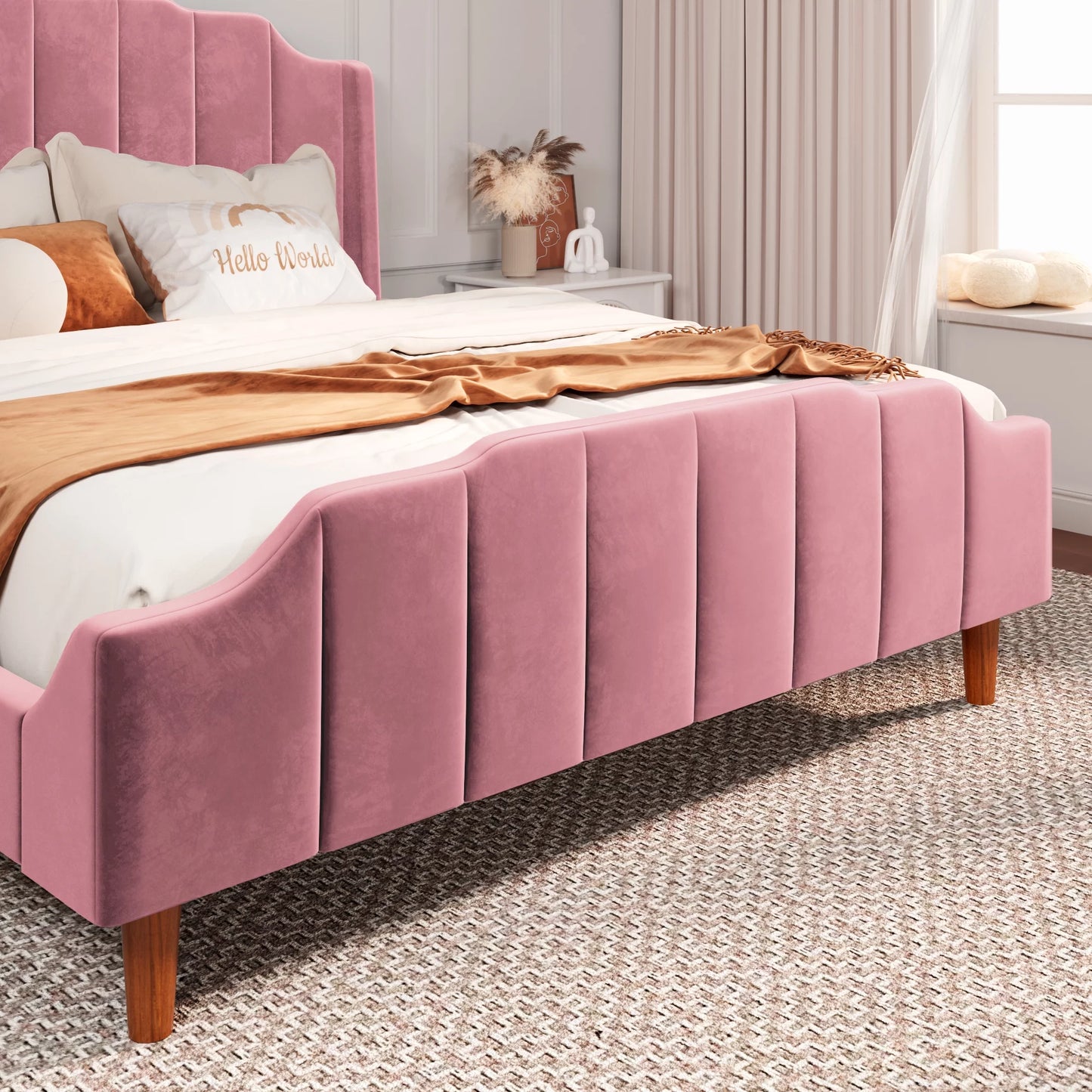 PINK HAVEN Queen Size Velvet Platform Bed with Modern Curved Upholstered Headboard and Footboard, Pink