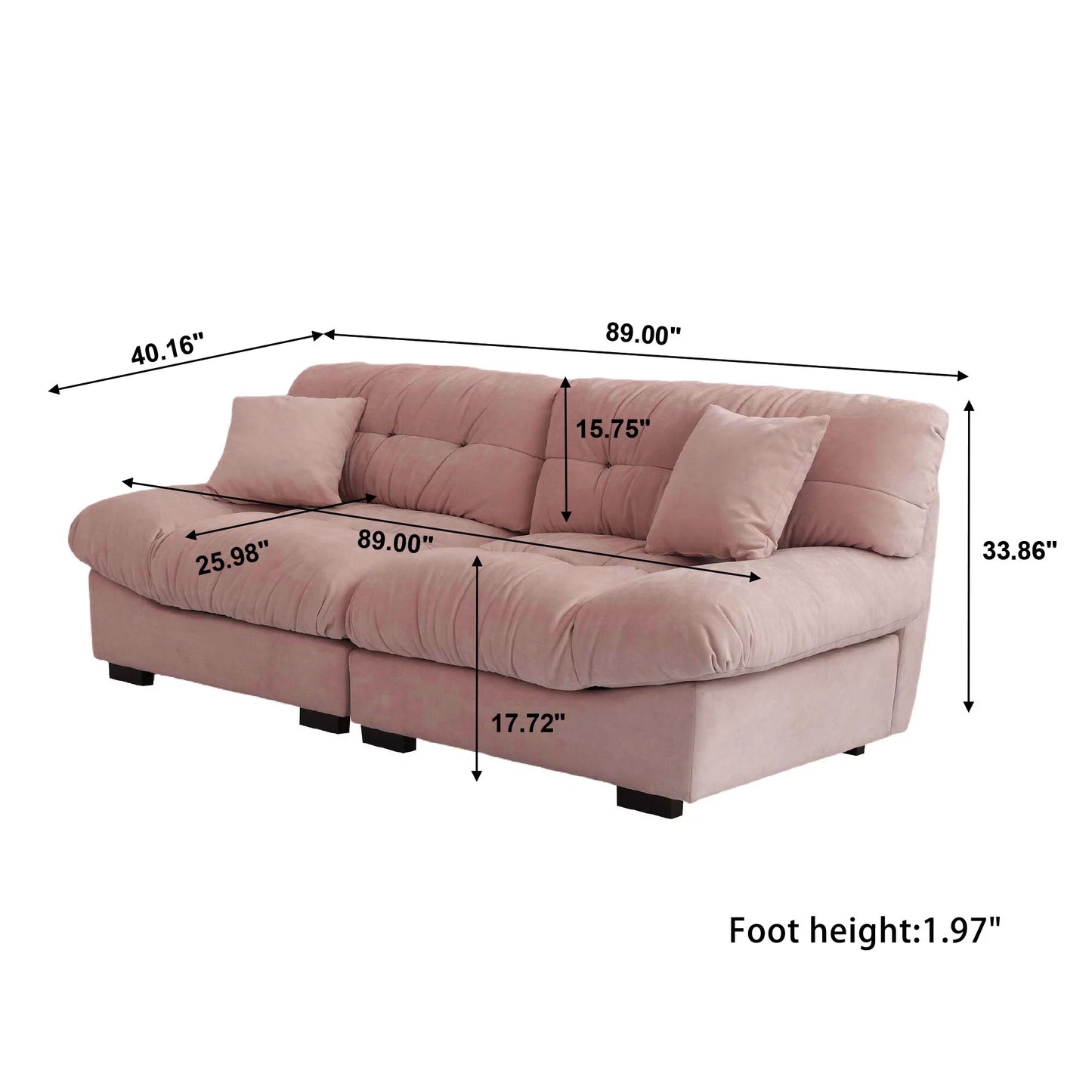 PINK HAVEN 89" Modern Cloud Sofa,Velvet Couch,3-Seat Sofa for Living Room,Apartment and Small Space,Pink